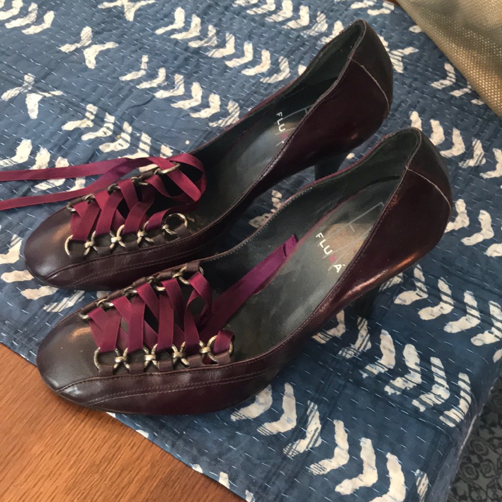 Plum colored pumps with ribbon ties